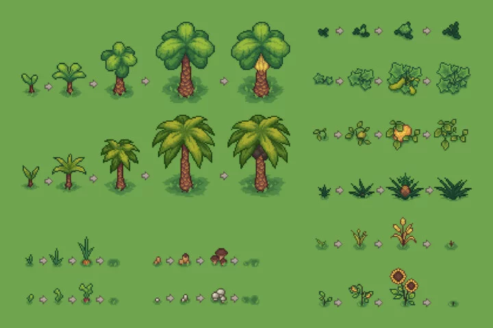 自上而下的像素农场游戏植物素材