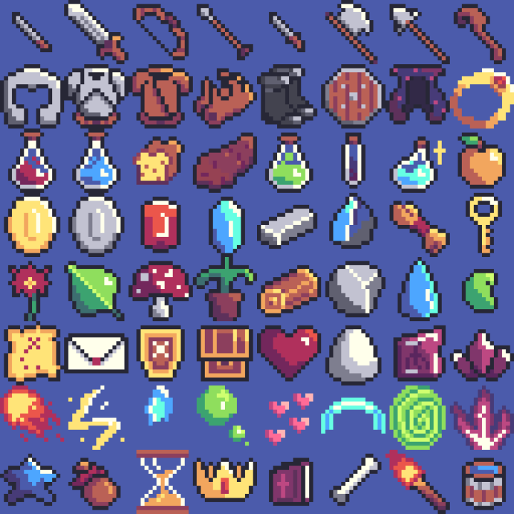 64个16*16的像素艺术RPG游戏图标素材