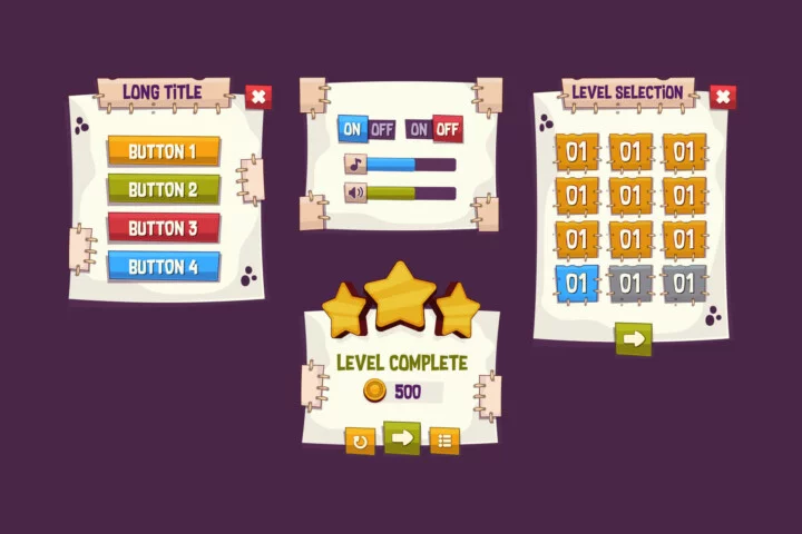 一组卡通矢量2D游戏图形用户界面GUI按钮和图标素材