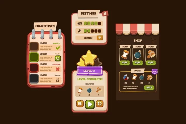 一组休闲风格的矢量2D卡通游戏UI资产素材