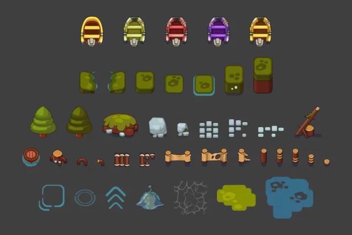 顶视图的自上而下卡通矢量船、水和陆地图块集素材