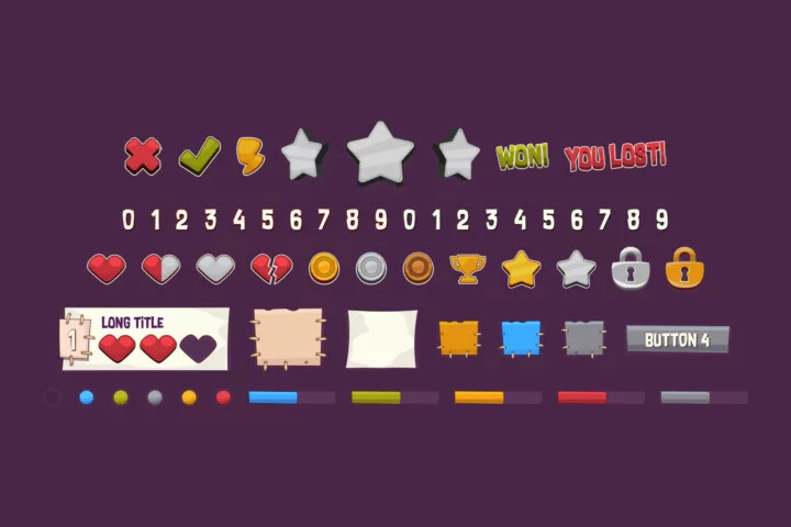 一组卡通矢量2D游戏图形用户界面GUI按钮和图标素材