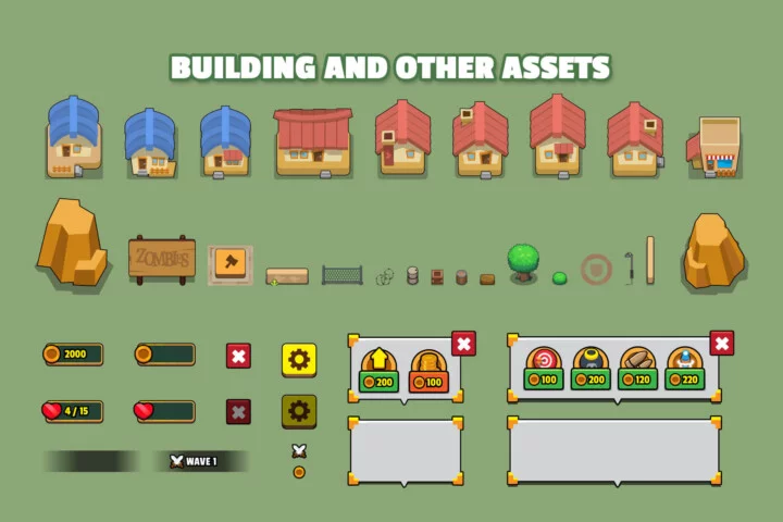 自上而下的矢量2D卡通社区塔防资产素材