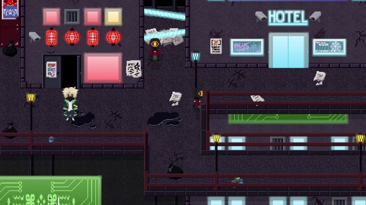 免费的俯视图像素赛博朋克城市外观图块集素材