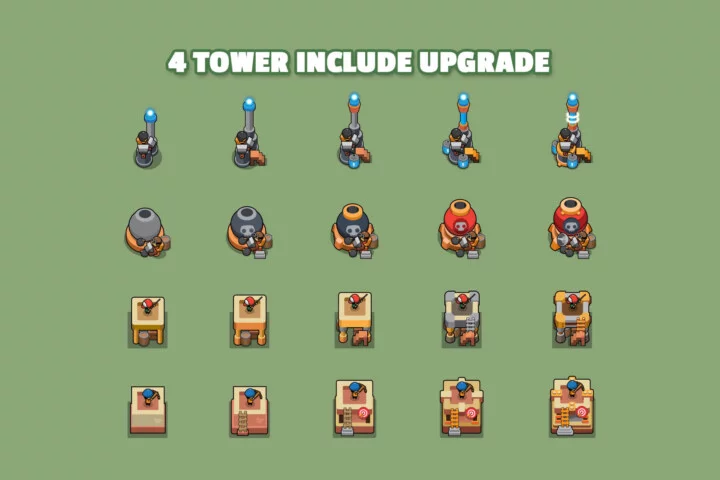 自上而下的矢量2D卡通社区塔防资产素材