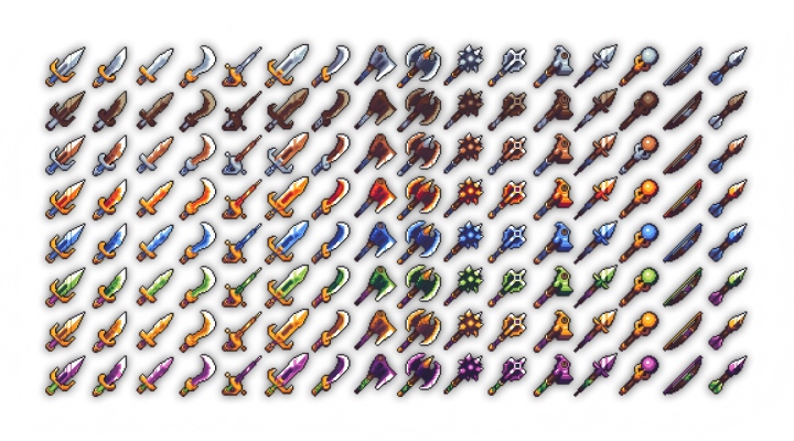 128个精美的高质量奇幻像素游戏武器图标素材