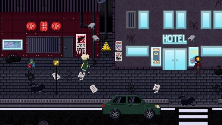 免费的俯视图像素赛博朋克城市外观图块集素材