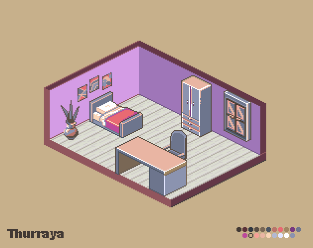 一组手绘的像素等距卧室家具资产素材