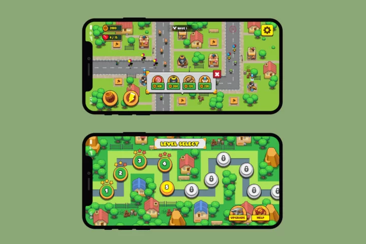 自上而下的矢量2D卡通社区塔防资产素材