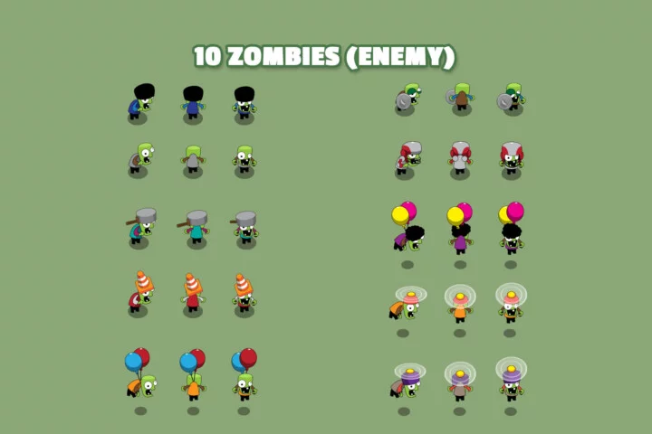 自上而下的矢量2D卡通社区塔防资产素材