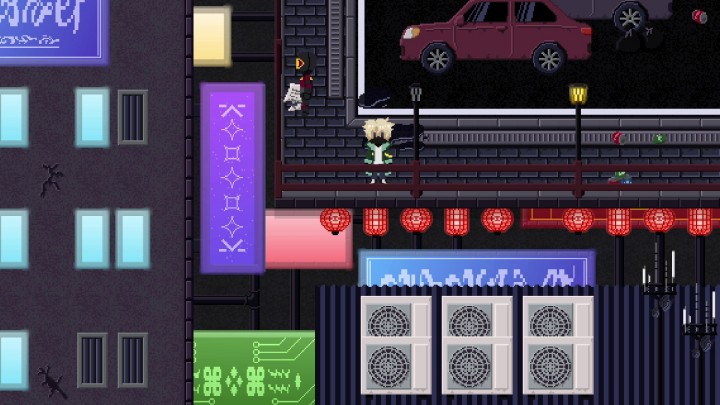 免费的俯视图像素赛博朋克城市外观图块集素材