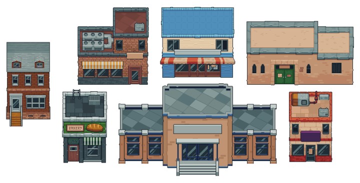 50+的像素城市装饰和建筑资产素材