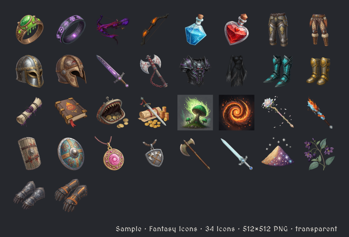 34个免费512*512的2D奇幻冒险者图标资产素材