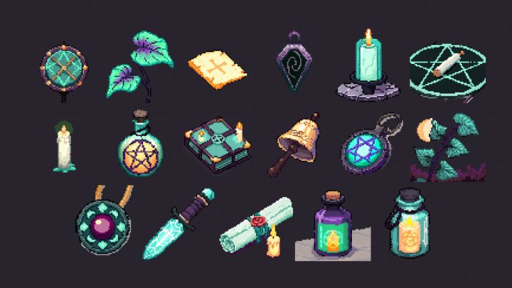 一组专用的像素游戏神秘学仪式工具图标素材