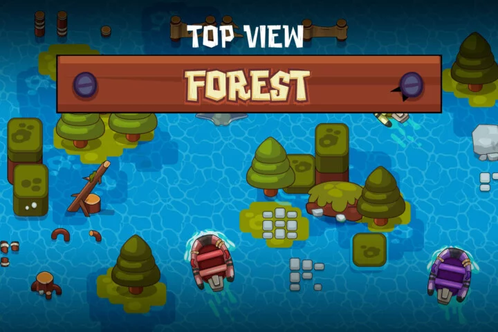 顶视图的自上而下卡通矢量船、水和陆地图块集素材