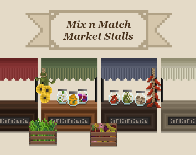 一组混合搭配的像素市场商店摊位素材