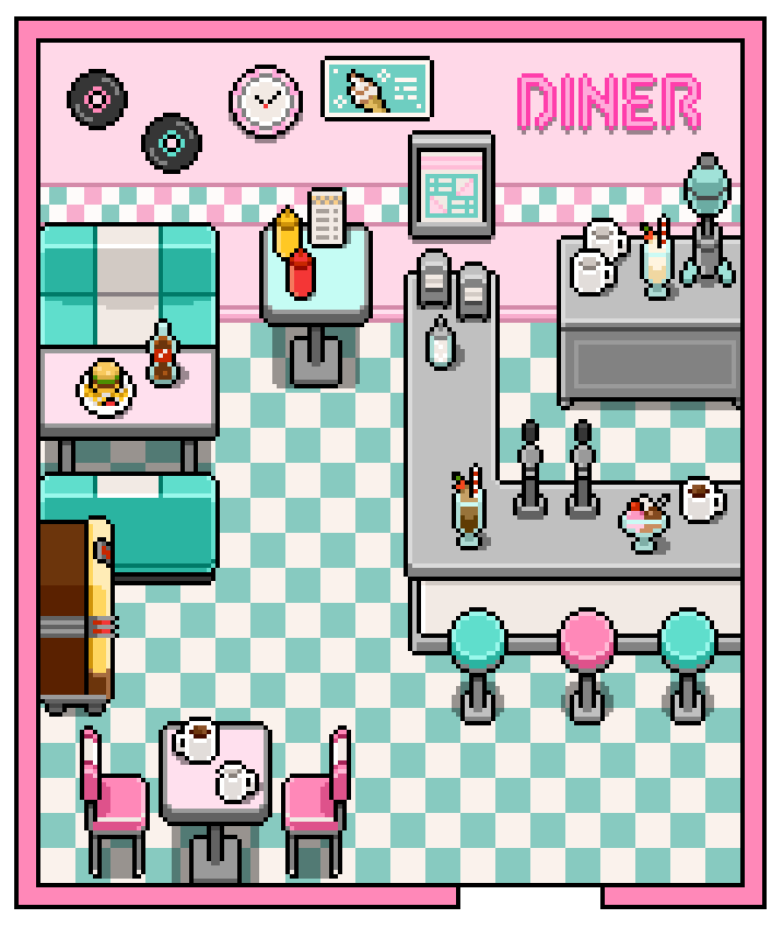 32*32自上而下的经典50年代像素餐厅家具素材