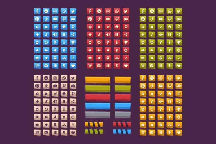 一组卡通矢量2D游戏图形用户界面GUI按钮和图标素材
