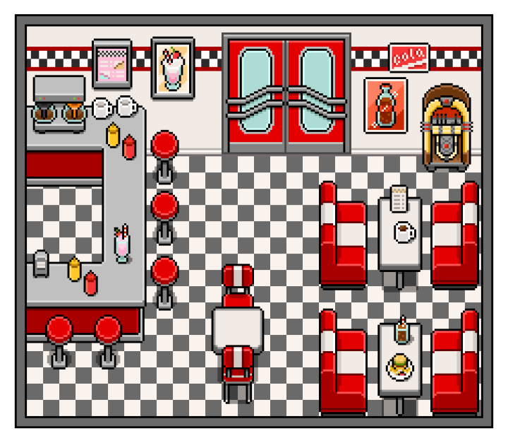 32*32自上而下的经典50年代像素餐厅家具素材