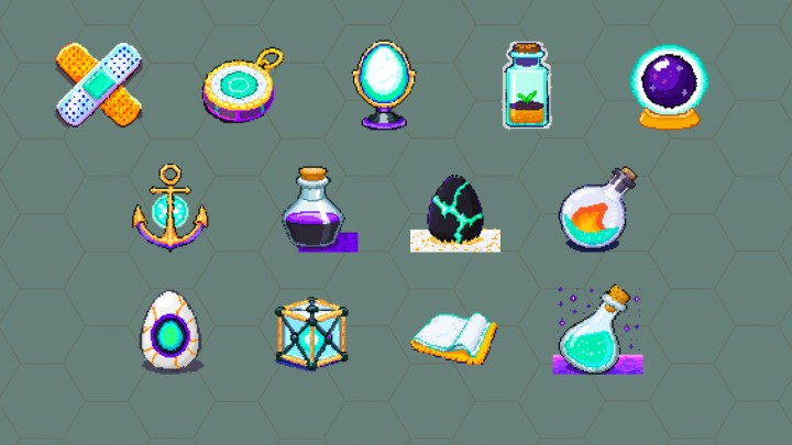 一组暗色主题的像素怪物驯服游戏物品图标素材