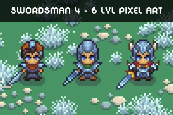 自上而下的俯视角像素剑客角色4-6阶段动画素材