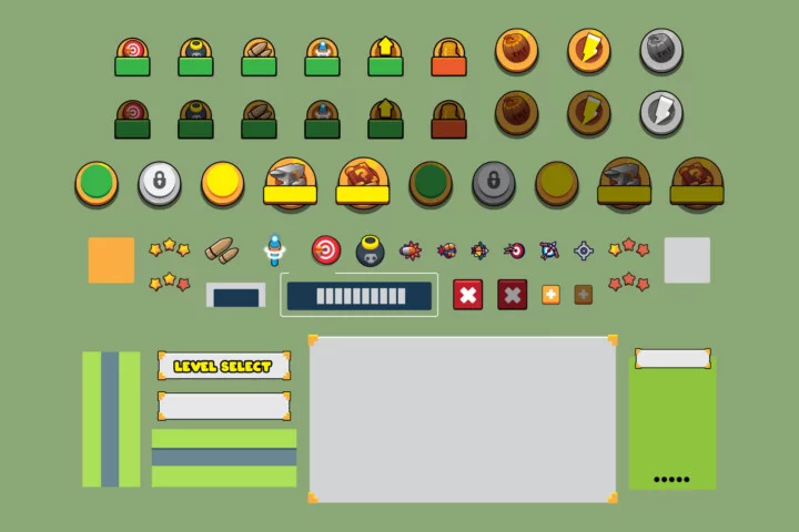 自上而下的矢量2D卡通社区塔防资产素材