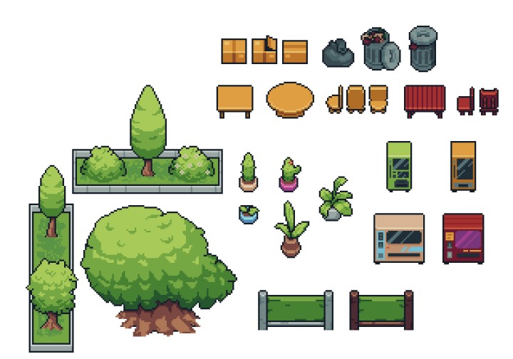 50+的像素城市装饰和建筑资产素材