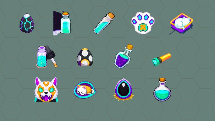 一组暗色主题的像素怪物驯服游戏物品图标素材