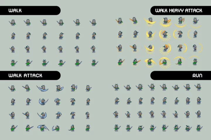 自上而下的俯视角像素剑客角色7-9阶段动画素材