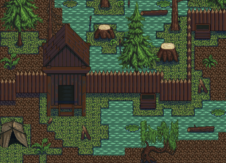 包含几栋房屋的像素沼泽图块集素材