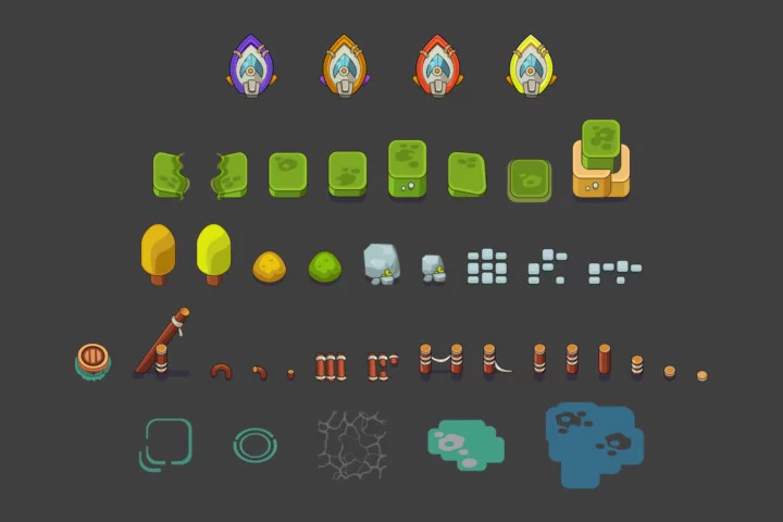 俯视角的矢量2D船只、水域和陆地资源素材