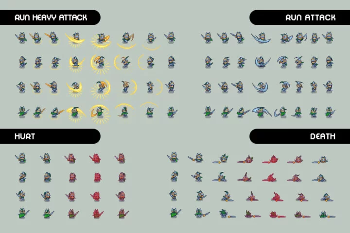 自上而下的俯视角像素剑客角色7-9阶段动画素材