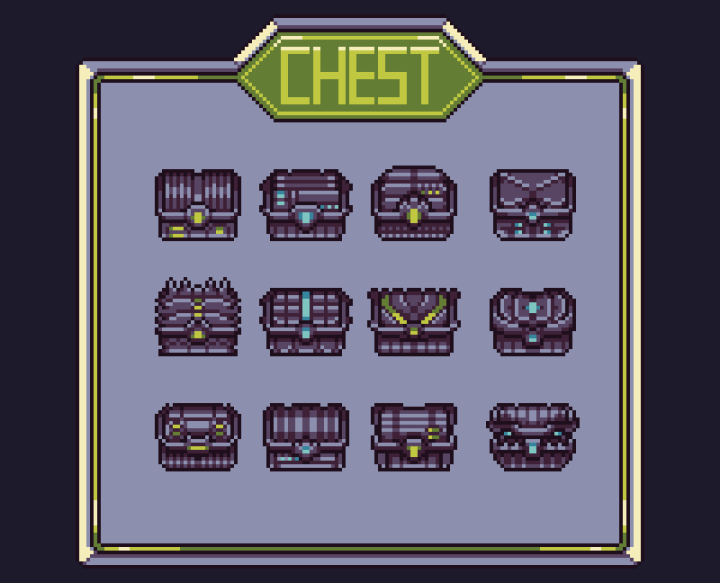 一套包含12个像素艺术风格的金属科幻宝箱素材