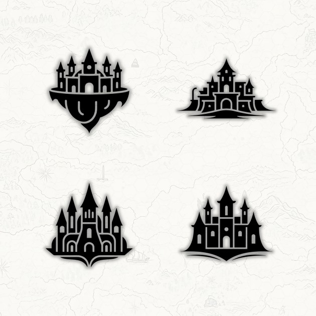 20个AI辅助生成的多功能黑色2D奇幻建筑图标素材