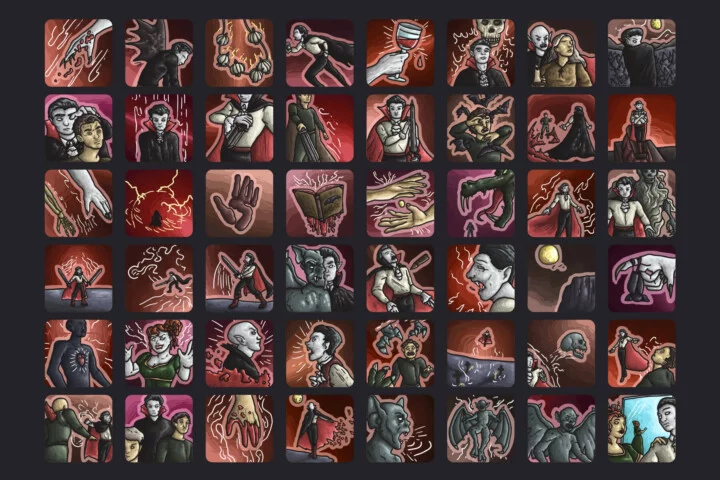 48个精美的矢量2D吸血鬼技能图标素材