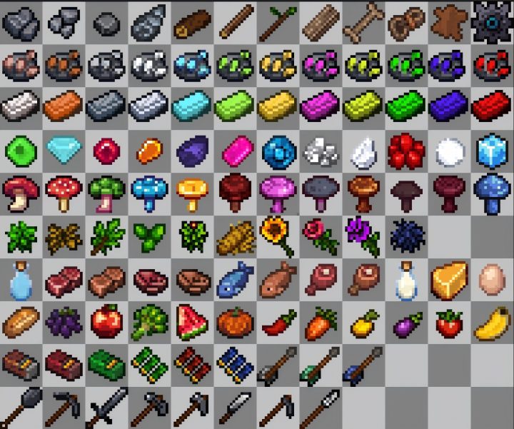 100+的16*16像素RPG游戏工艺物品和材料图标素材