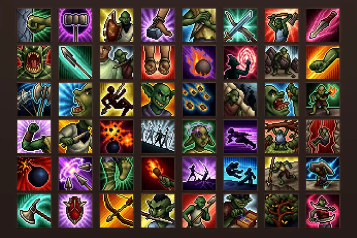 50个32*32的奇幻像素兽人和哥布林技能图标素材