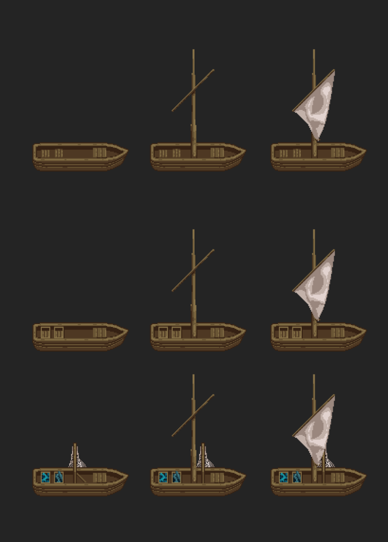 一组免费的木制像素小帆船素材