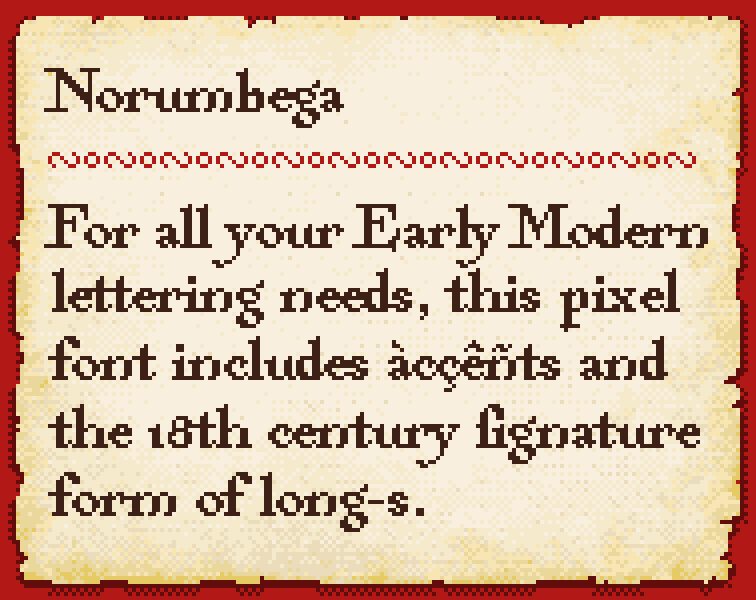 一款早期现代风格的手写Norumbega像素字体素材