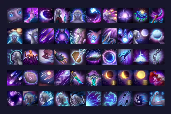 50个精美的2D RPG游戏暗夜精灵技能图标素材