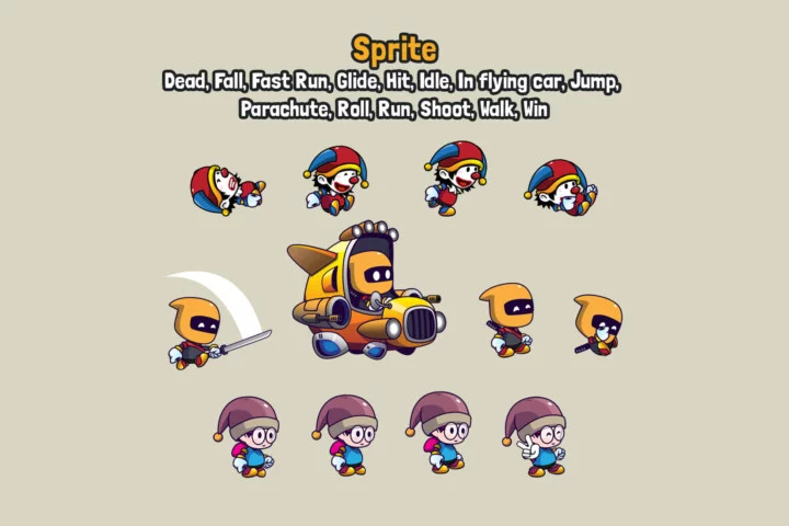 3个横版的矢量卡通2D人物英雄动画素材