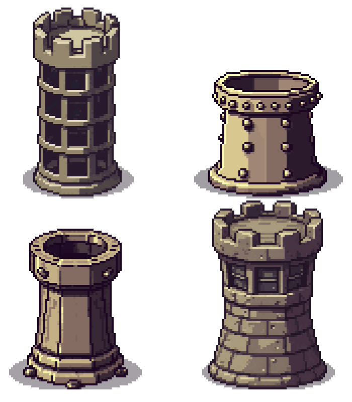 一组免费的静态像素塔防游戏防御塔素材