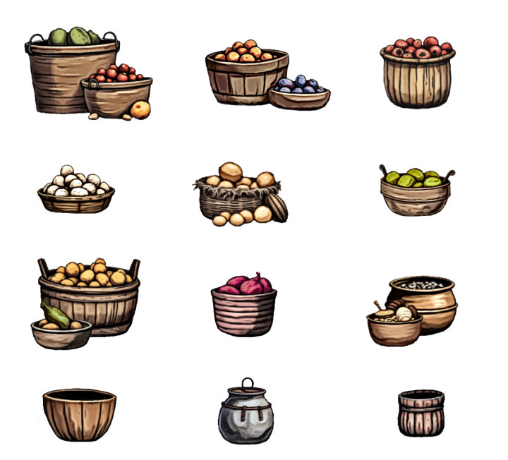12个AI辅助生成的手绘中世纪市场篮子和容器道具素材