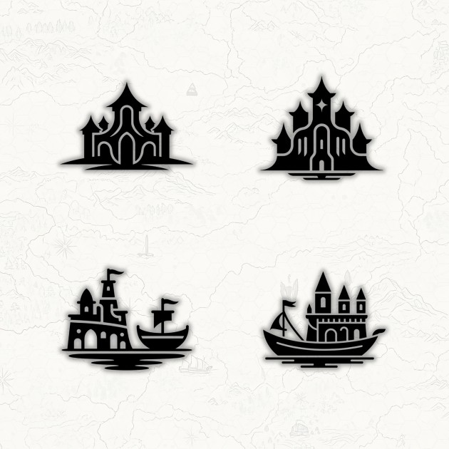 20个AI辅助生成的多功能黑色2D奇幻建筑图标素材