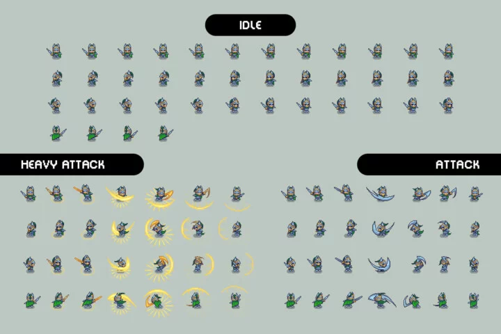 自上而下的俯视角像素剑客角色7-9阶段动画素材