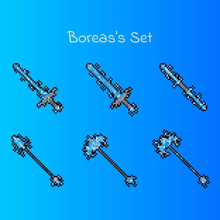 一套灵感源自冰雪神话的像素冰霜武器素材