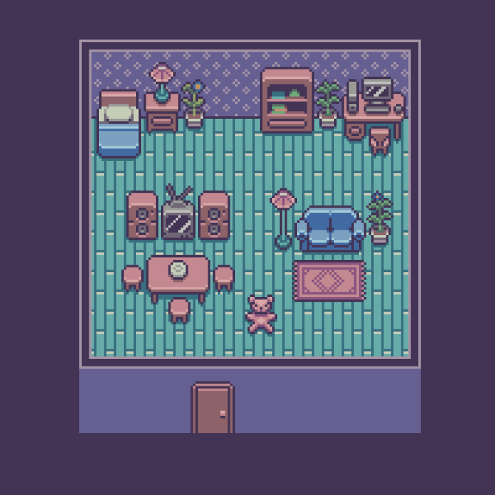 手工制作的32*32舒适像素温馨小屋室内家具和装饰素材