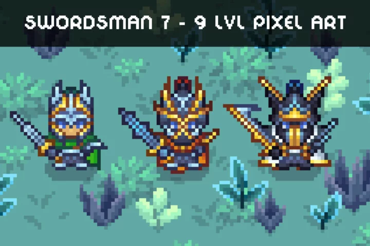 自上而下的俯视角像素剑客角色7-9阶段动画素材