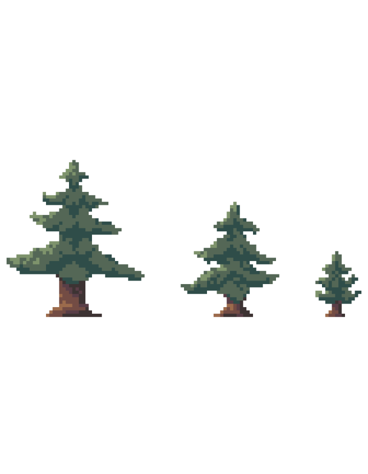 一组包含不同生长阶段的像素树木素材