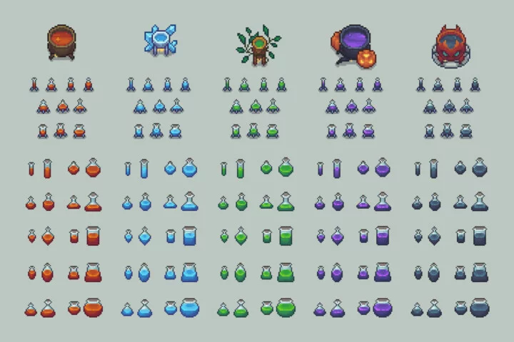 自上而下的精美像素魔法物品和图标素材